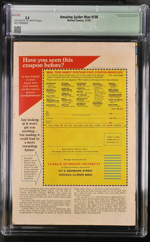 Amazing Spider-Man #138 CGC Qualified 5.5 - Marvel Comics 11/74